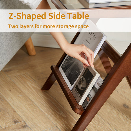 Fancyarn Beech Z Shaped Side Table with Removable Glass Tabletop - fancyarnfurniture