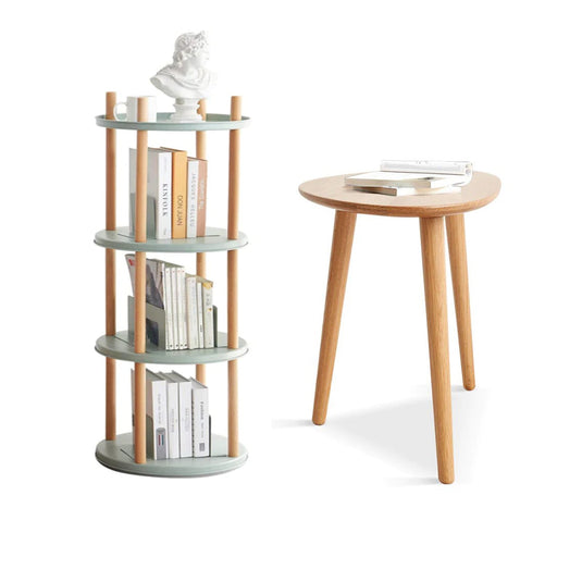Nature Oak Round Coffee End Table + 360° Rotating Storage Shelf Combination - fancyarnfurniture