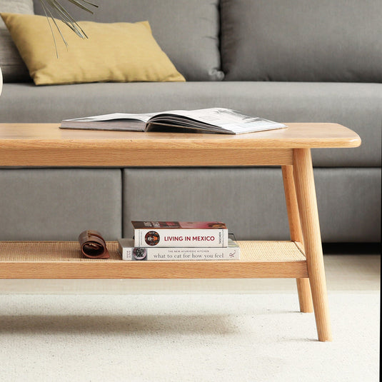 Oak Wood Living Room Table w/Handmade Rattan Shelf - fancyarnfurniture