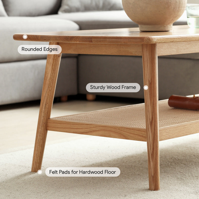 Load image into Gallery viewer, Oak Wood Living Room Table w/Handmade Rattan Shelf - fancyarnfurniture

