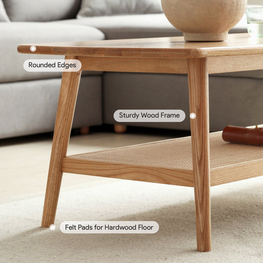Oak Wood Living Room Table w/Handmade Rattan Shelf - fancyarnfurniture