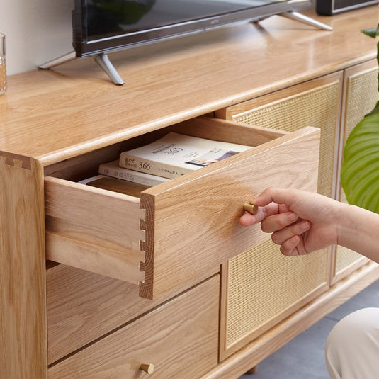 Solid wood TV cabinet log wicker storage cabinet - fancyarnfurniture