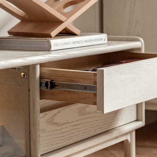 Solid wood TV oak shelves white floor cabinet - fancyarnfurniture
