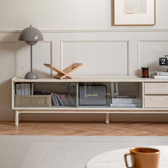 Solid wood TV oak shelves white floor cabinet - fancyarnfurniture