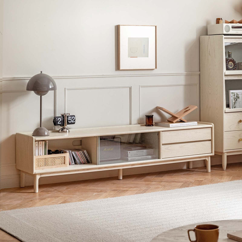 Load image into Gallery viewer, Solid wood TV oak shelves white floor cabinet - fancyarnfurniture
